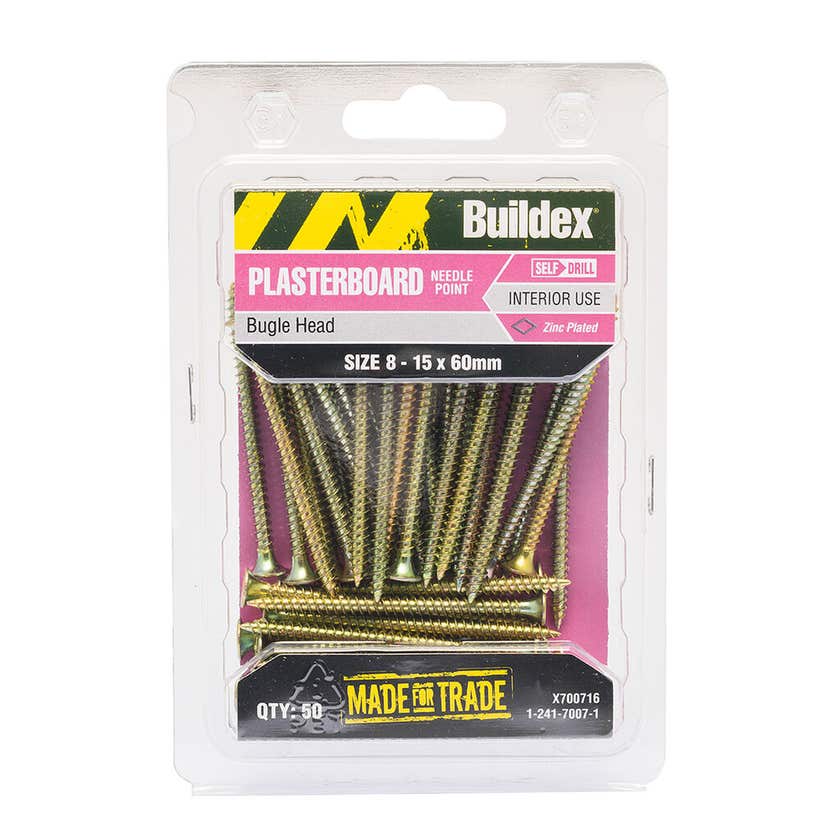 Buildex Plasterboard Screws Zinc Plated 8 - 15 x 60mm - 50 Pack