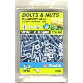 Zenith Bolts & Nuts Mushroom Zinc Plated 3/16" x 25mm - 100 Pack