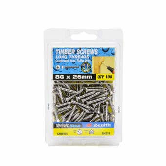 Zenith Timber Screws Countersunk Stainless Steel 8G x 25mm - 100 Pack