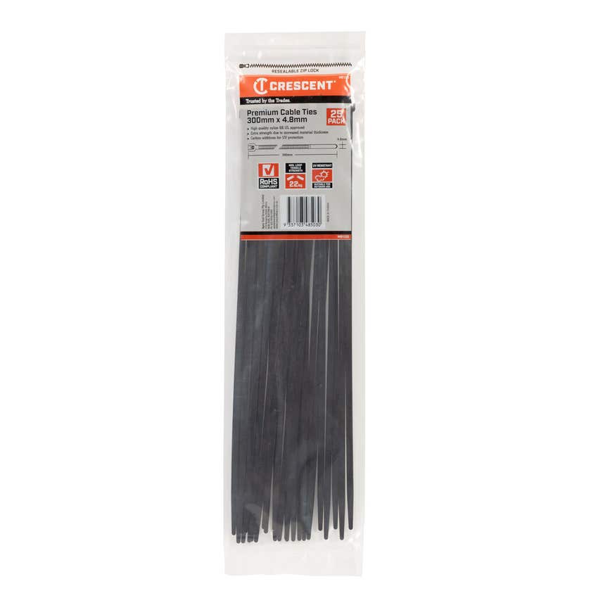 Crescent Cable Ties Black 300mm x 4.8mm - 25 Pack