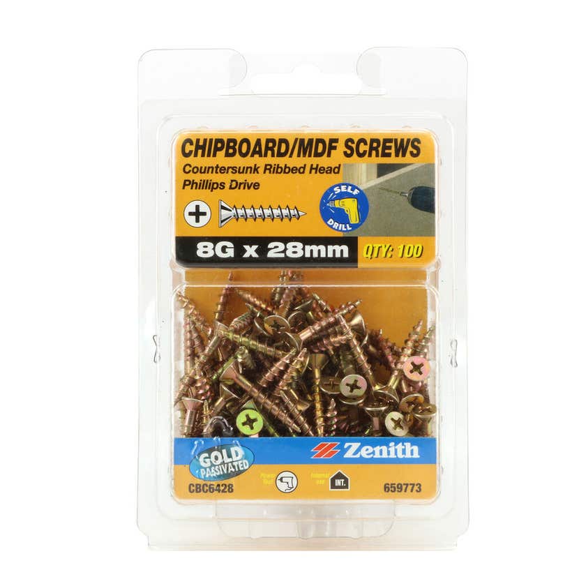 Zenith Chipboard Screw Philips Drive Gold Passivated 8G x 28mm - 100 Pack