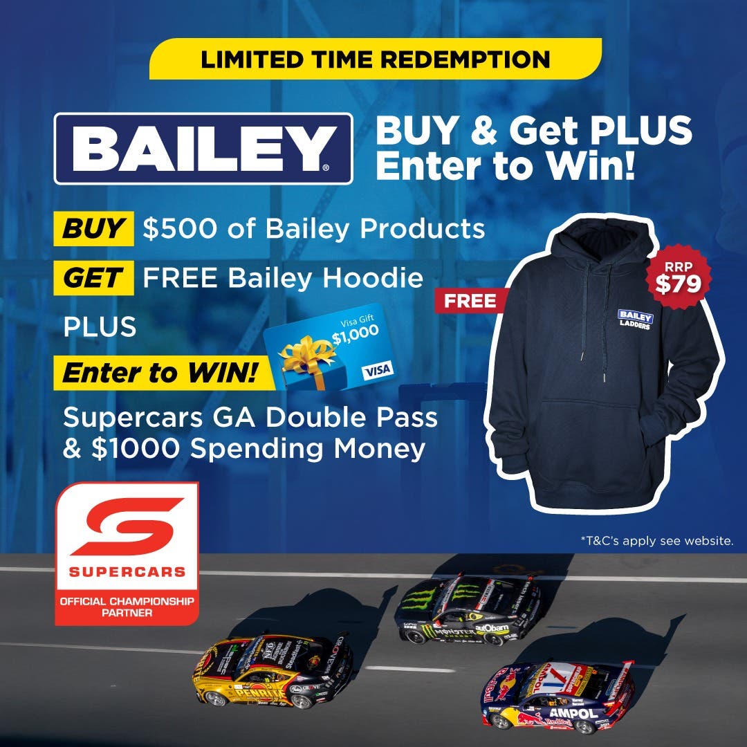 Buy and $500 worth of Bailer Products to receive a Free Hoodie and a chance to win a Supercars GA Double Pass & $1000 spending money