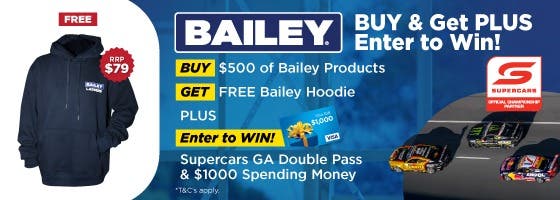 Buy and $500 worth of Bailer Products to receive a Free Hoodie and a chance to win a Supercars GA Double Pass & $1000 spending money
