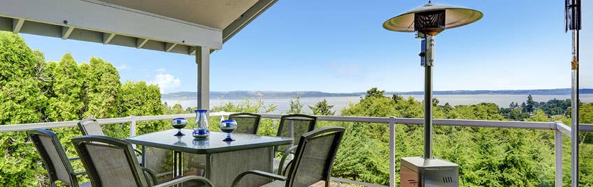 A patio heater on a deck