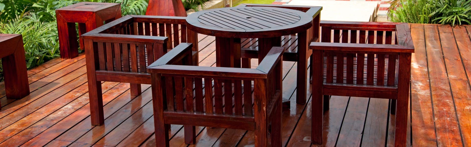 stained decking and wooden furniture