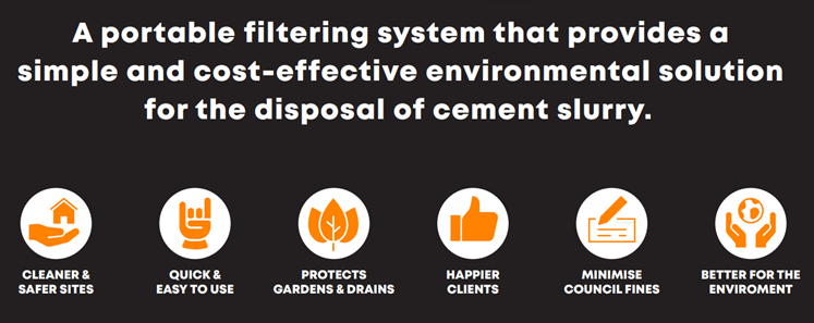 A portable filtering system that provides a simple and cost-effective environmental solution for the disposal of cement slurry.